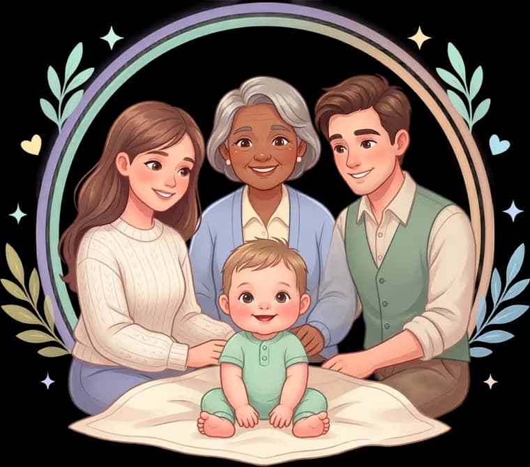 Two parents and a grandparent sitting together around a baby.