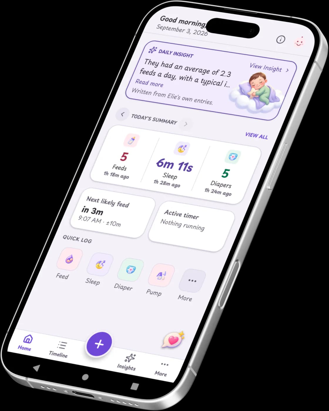 Baby Growly's home screen: a daily insight, today's summary of feeds, sleep and nappies with the time since each, the next likely feed, and the quick-log row.