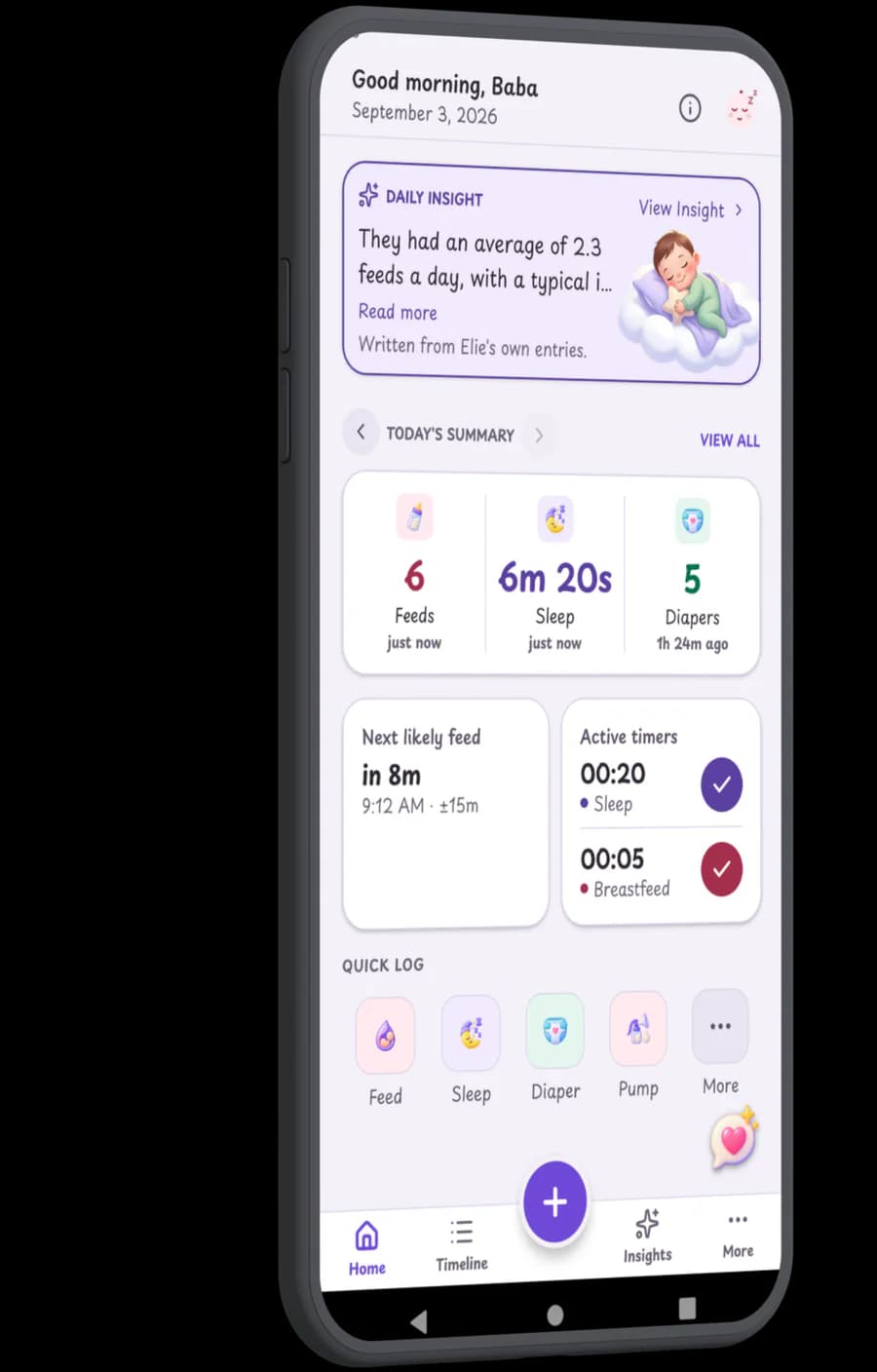 Baby Growly's home screen with two timers running: the time since the last feed, sleep and nappy change, the next likely feed, and a sleep and a breastfeed timer counting in the active-timers card.