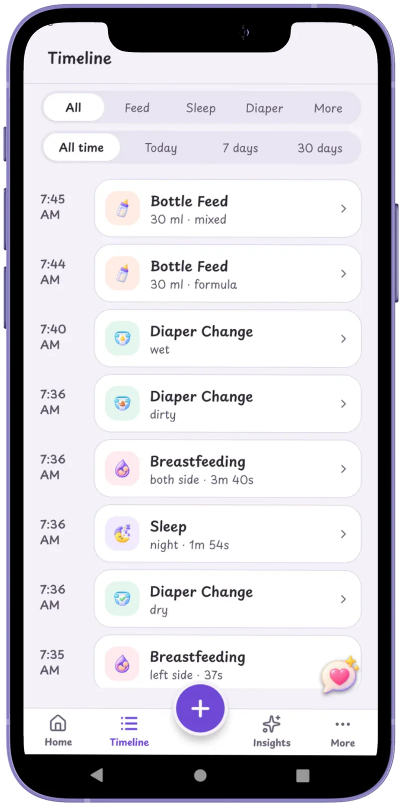 Baby Growly's timeline: every entry of the day in order — bottle feeds with their amounts, nappy changes, breastfeeds with the side and duration, and sleeps — filterable by kind and by period.